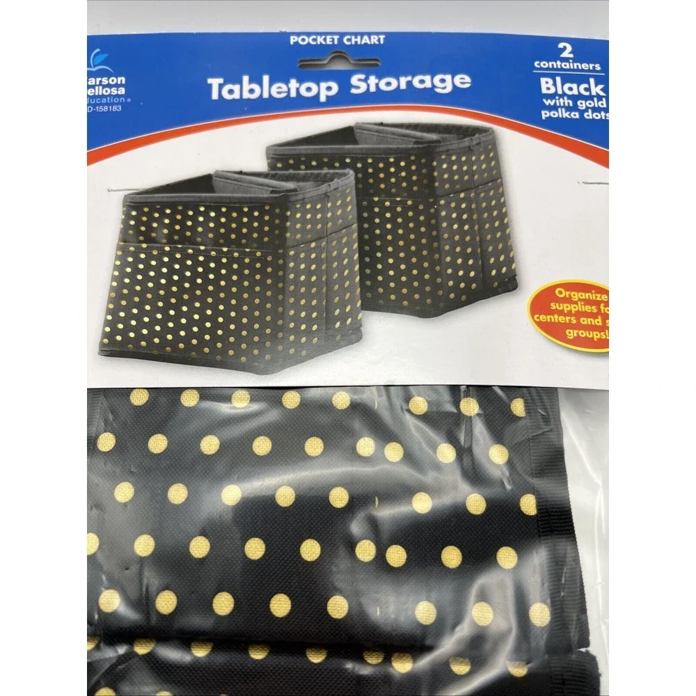 2 Carson Dellosa Tabletop Storage Bins Cubby Baskets Black With Gold‎ Polka Dots
